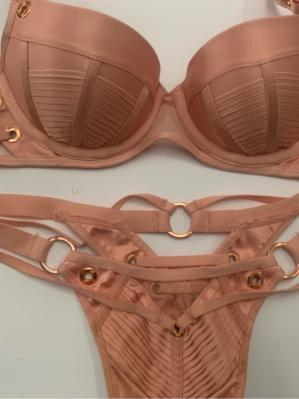 Honey Birdette Blush Satin Strappy Bra & Thong Set